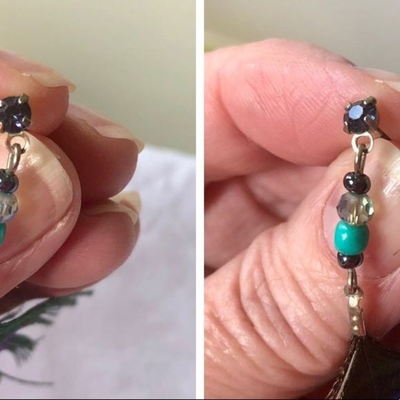 3 pair pierced earrings, evil eye, feather, crystal - Picture 8 of 9